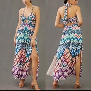 Anthropologie Geometric Ikat Print Multi Color Maxi Dress with Slit Size 6